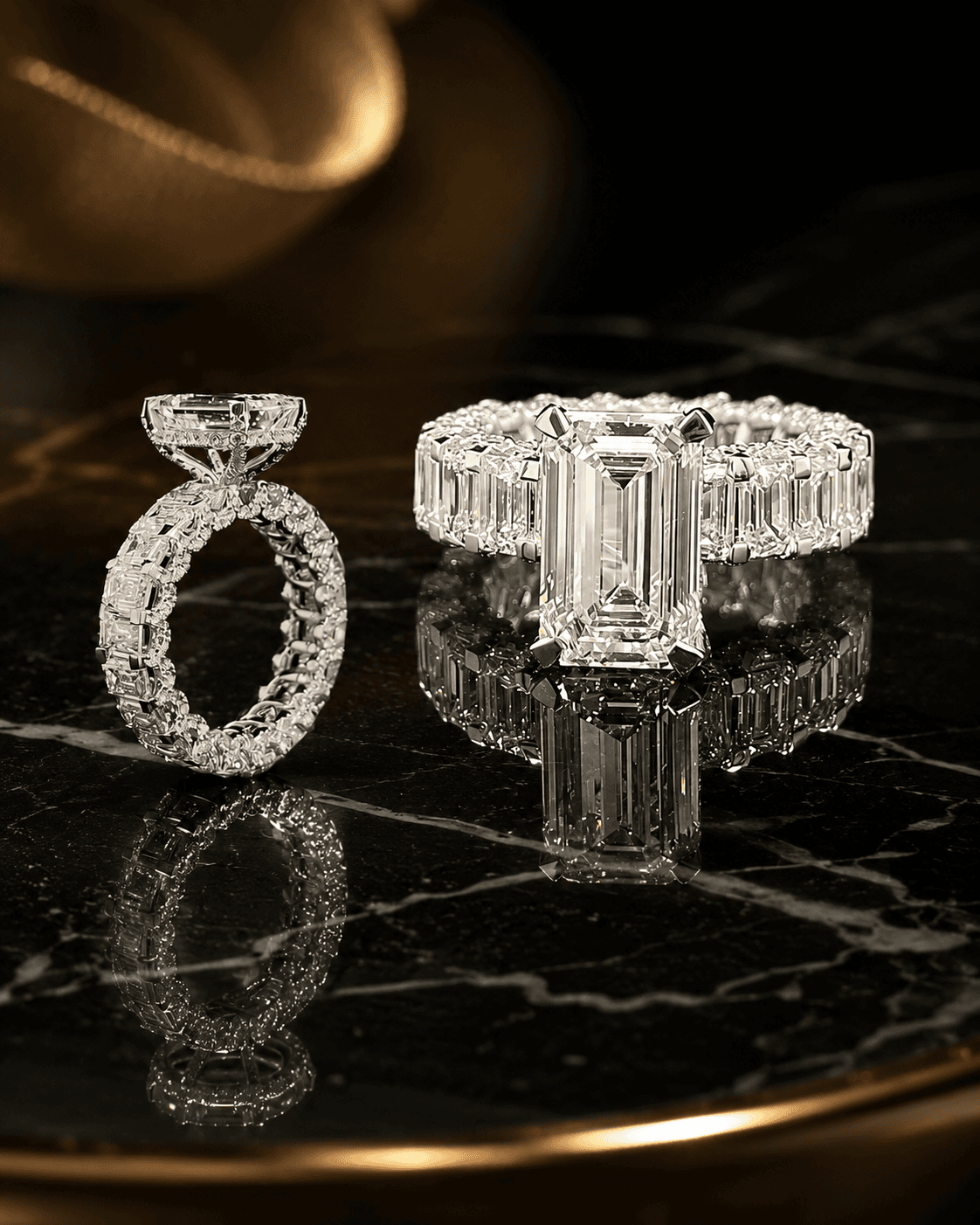 Emerald-cut lab-grown diamond ring set on a full emerald-cut eternity band in white gold, shown as two views on black marble.