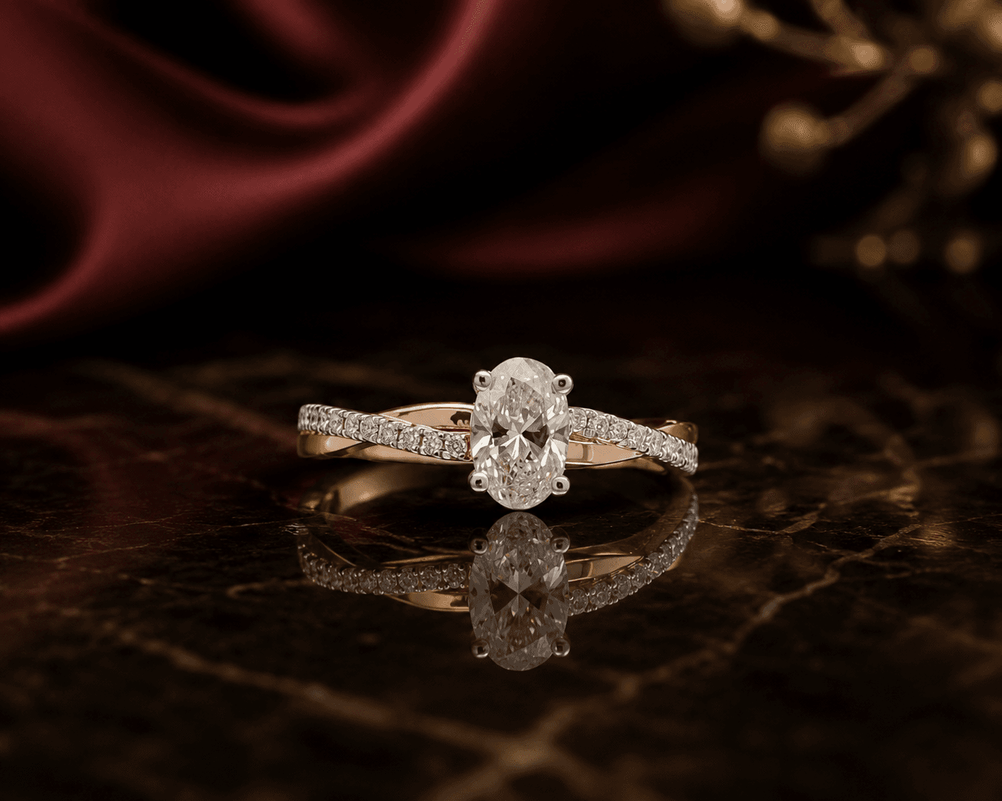 Oval lab-grown diamond solitaire ring in 18k rose gold with a crossover pavé band, on black marble beside burgundy silk.