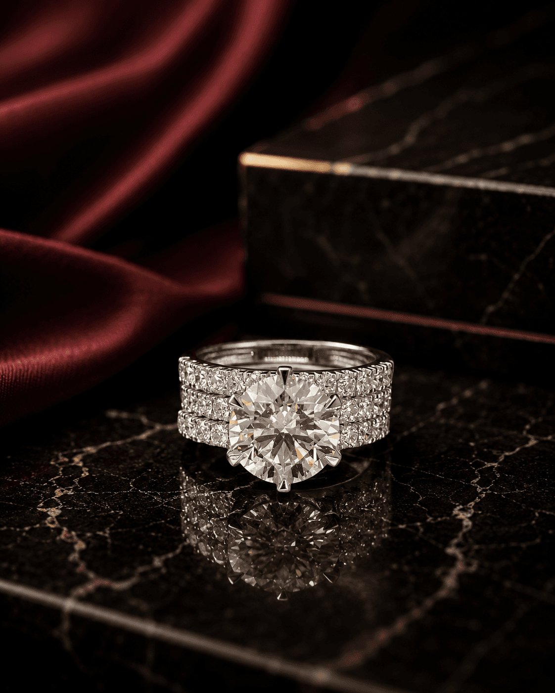 Round brilliant lab-grown diamond solitaire flanked by three rows of pavé in white gold, reflected on black marble.